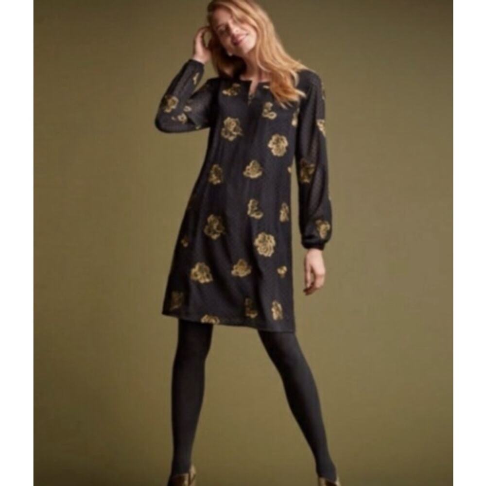 Cabi Occasion Dress Black Swiss‎ Dot Gold Embroidery Long Sleeve Size Medium